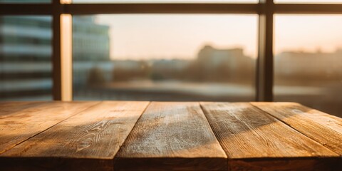 Wooden table top with blurred city view through large windows at sunset