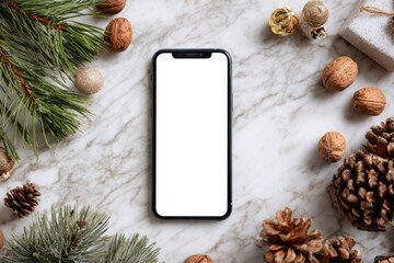 Smartphone with blank screen, surrounded by Christmas decor on marble