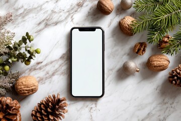 A modern smartphone with a blank screen, centered on a marble surface surrounded by Christmas-themed decorations