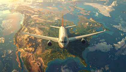 Naklejka premium A passenger jet soars above a detailed map of North America, showcasing a geographical panorama from a high altitude.