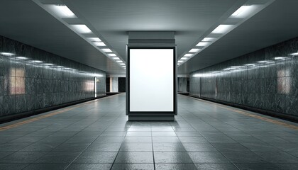 Empty billboard in a dark, modern subway station