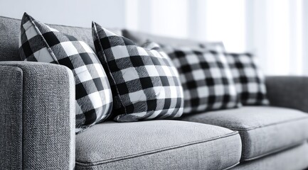 Gray couch with black and white checkered pillows