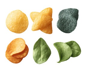 Collection of different colored chips and a leaf