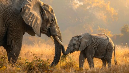 A serene image of an adult and baby elephant interacting in a golden savanna landscape.