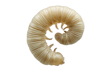 Close-up of a pale, segmented larva curled into a spiral shape against a transparent background. background removed