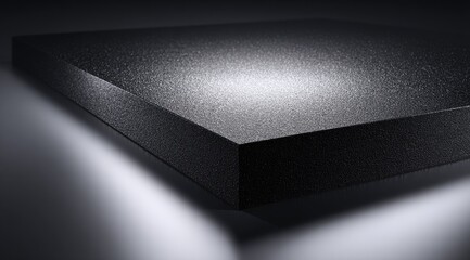 Close-up of a dark, textured surface, likely a material sample.  A square piece with a slightly rough, speckled appearance is angled, showcasing its edge.  Illumination highlights the texture