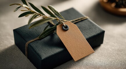 A dark gray gift box, tied with twine, adorned with a terracotta tag and olive branch
