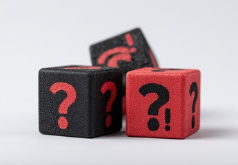 Three small, textured dice, two black and one red, each displaying a large red question mark symbol