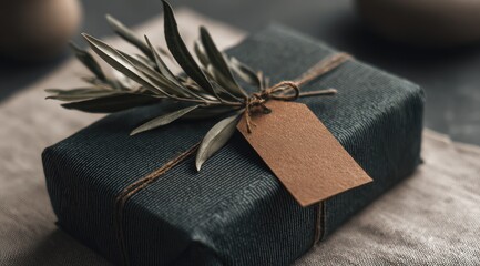 Gift box wrapped in dark teal paper, tied with twine, featuring a small, light brown tag and a sprig of olive branches