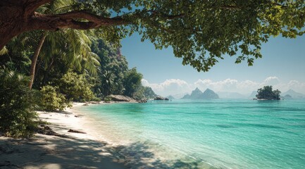 Tropical beach scene with lush greenery