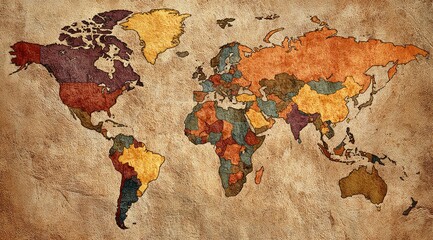 World map, colored by region, textured background
