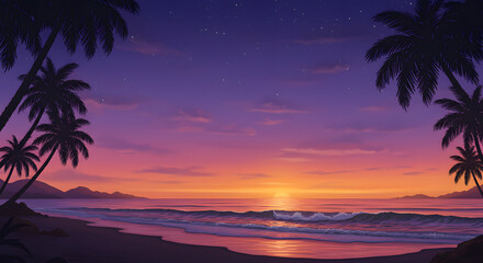 Vibrant tropical beach sunset with palm trees and ocean waves