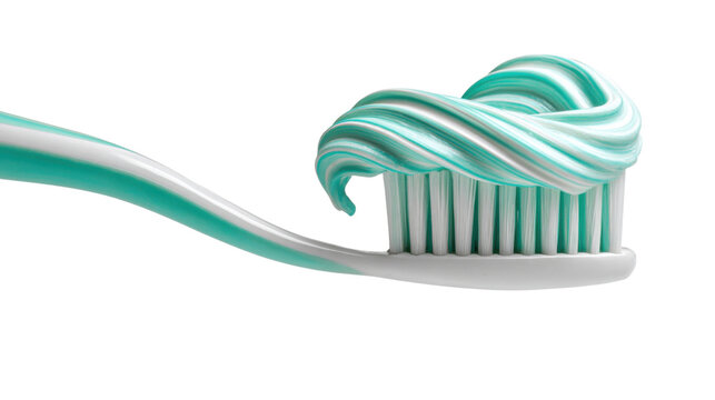 Fresh striped mint toothpaste swirled on modern toothbrush for healthy dental care, oral hygiene and clean teeth concept on white background