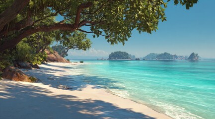 Tropical beach scene under lush trees
