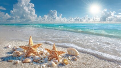 Sunny beach scene with seashells and starfish