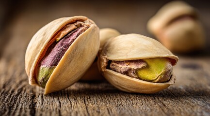 Close-up of pistachios on a rustic wooden surface