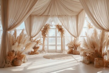Light-filled beige space with draped fabrics, dried flowers, and pampas grass
