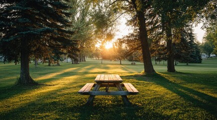 Empty picnic table bathed in golden sunset light in a park. Lush green grass, tall trees, and a clear sky filled with sunlight