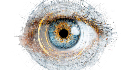 Futuristic digital human eye iris scan with cyber technology biometric identification system security concept high tech innovation design abstract background on white background