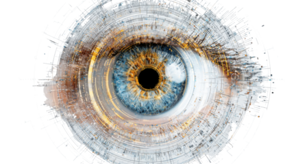 Futuristic digital human eye iris scan with cyber technology biometric identification system security concept high tech innovation design abstract background on white background