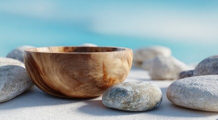 Wooden bowl on beach stones