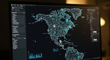 A global map displayed on a computer screen, illuminated by a network of points and locations.