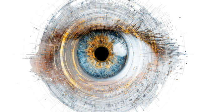 Futuristic digital human eye iris scan with cyber technology biometric identification system security concept high tech innovation design abstract background on white background