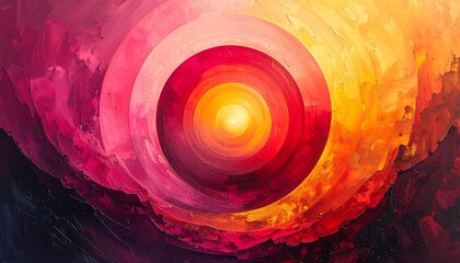 A vibrant abstract painting displays concentric circles of color, transitioning from deep reds and pinks to warm oranges and yellows, culminating in a luminous center.