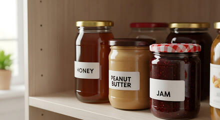 Jars of honey, peanut butter, and jam are neatly arranged on a shelf, with labels identifying each type of food.