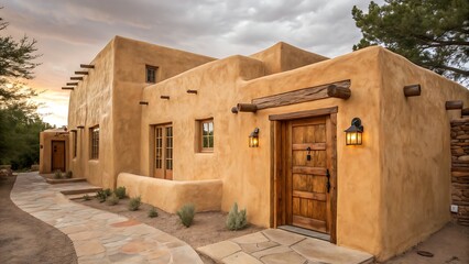 Fototapeta premium Exterior view of a southwestern style adobe house at daytime