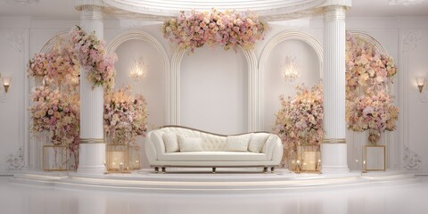 Elegant white wedding venue with lavish pink floral arrangements
