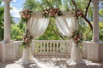 Elegant wedding arch draped with sheer fabric and floral arrangements