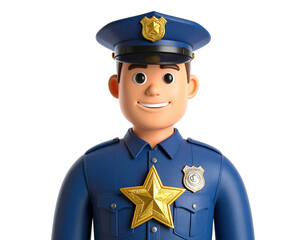 Cartoon Police Officer with Gold Star Badge and Blue Uniform.