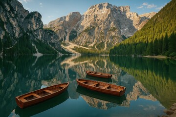 Spectacular mountain lake reflection with traditional wooden boats creating breathtaking Alpine scenery perfect for luxury travel and European destination marketing campaigns