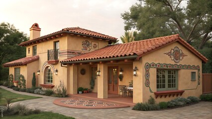 Fototapeta premium Exterior view of a spanish style house with tiled roof design