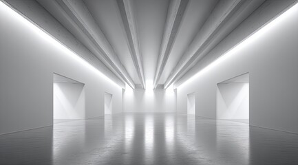 Empty, white architectural space with angled beams and light