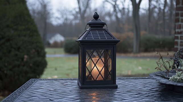 Black lantern with a lit candle on a table in an outdoor setting. - Powered by Adobe