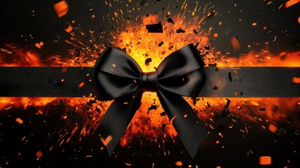 Dramatic black ribbon with fiery explosion background, symbolizing mourning, loss, or a powerful statement