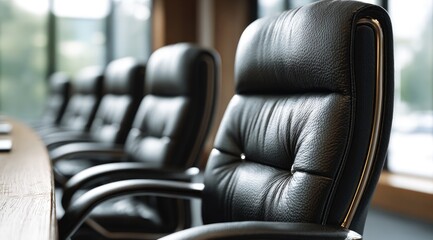 Several dark leather office chairs lined up at a conference table