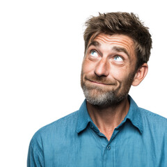 Fototapeta premium A pensive middle-aged man with light brown hair and a beard looks upward thoughtfully against a transparent background. background removed