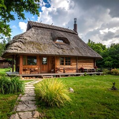 Obraz premium A charming log cabin with a thatched roof sits nestled in a grassy yard, inviting tranquility and rustic charm.