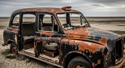 Vintage Taxi Relic in Desert Wasteland Rusting Away as Time and Nature Take Over