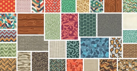 A vibrant and diverse collage collection of seamless patterns and textures. Ideal for graphic design, textiles, scrapbooking, website surfaces, and decorative paper.