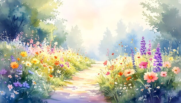 A sunlit path winds through a vibrant meadow overflowing with colorful wildflowers, painted in soft watercolor hues.