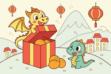 Obraz premium Two cartoon dragons celebrating with a gift box and oranges under red lanterns and stylized mountains