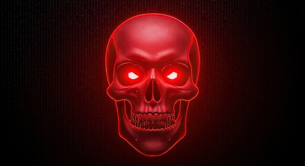A menacing red skull with glowing eyes stares intensely from the darkness, creating a chilling and ominous atmosphere