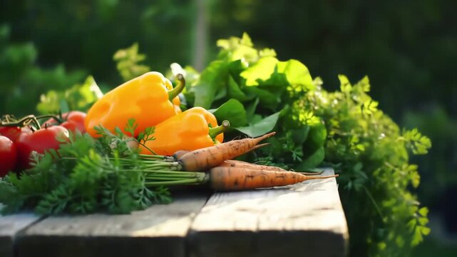 Freshly Harvested Organic Vegetables on a Rustic Wooden Table Outdoors at Golden Hour