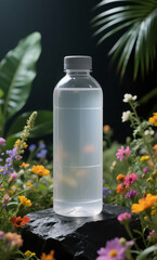 A pure and transparent beverage bottle mockup placed on a natural stone podium amidst a vibrant garden of colorful wildflowers and lush greenery