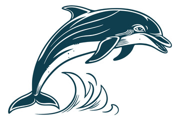 Fototapeta premium Stylized dark teal dolphin leaping over stylized waves jumping ocean