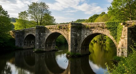 Fototapeta premium Stone Bridge Over Calm River.